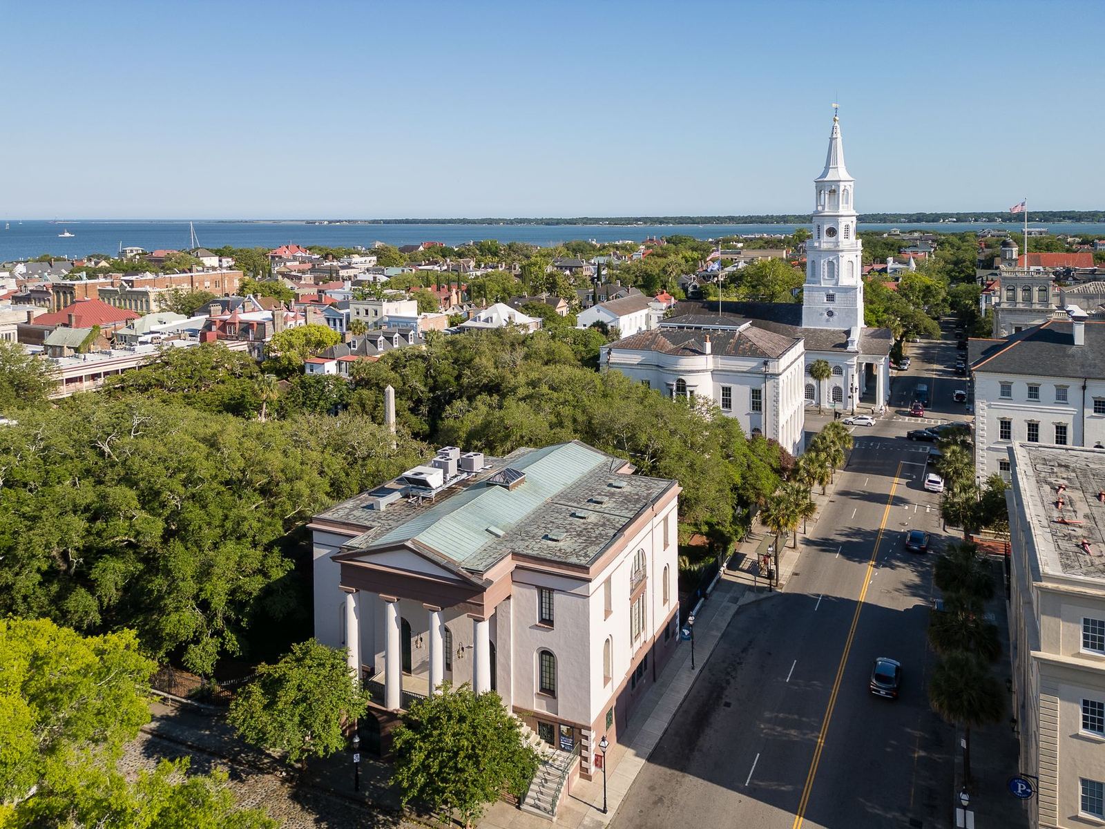 An aerial view down Meeting Street toward the harbor