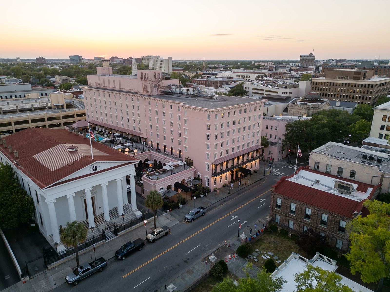 An aerial view of the historic district at sunset